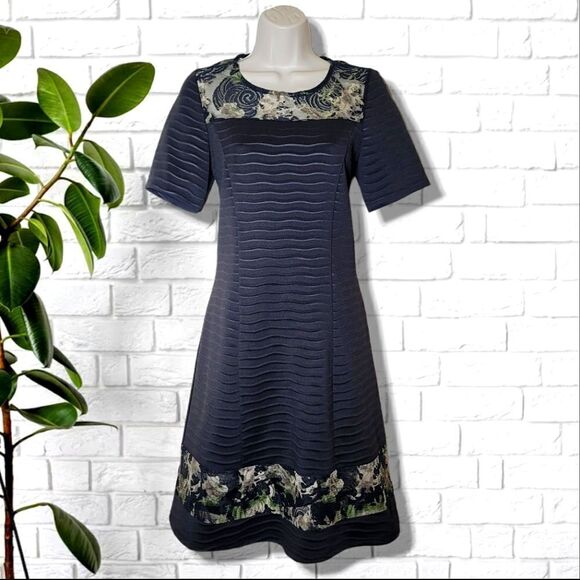 Rodan Dress Black Textured Floral Mesh Lace Short Sleeve Fit & Flare - Picture 1 of 8